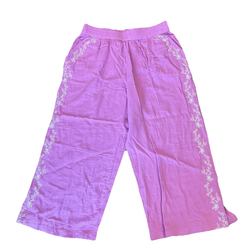 NWT Style&Co Cotton Gauze Embroider Wide Leg Cropped Pants Size:L Pockets